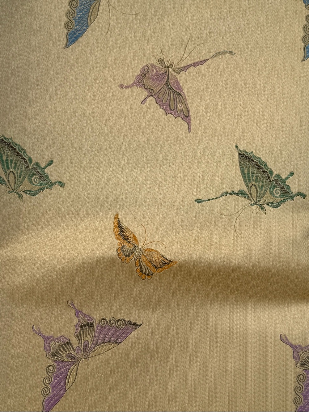 Vintage Asian Gold Silk Brocade Butterfly Fabric Beautiful Remnant Stiff